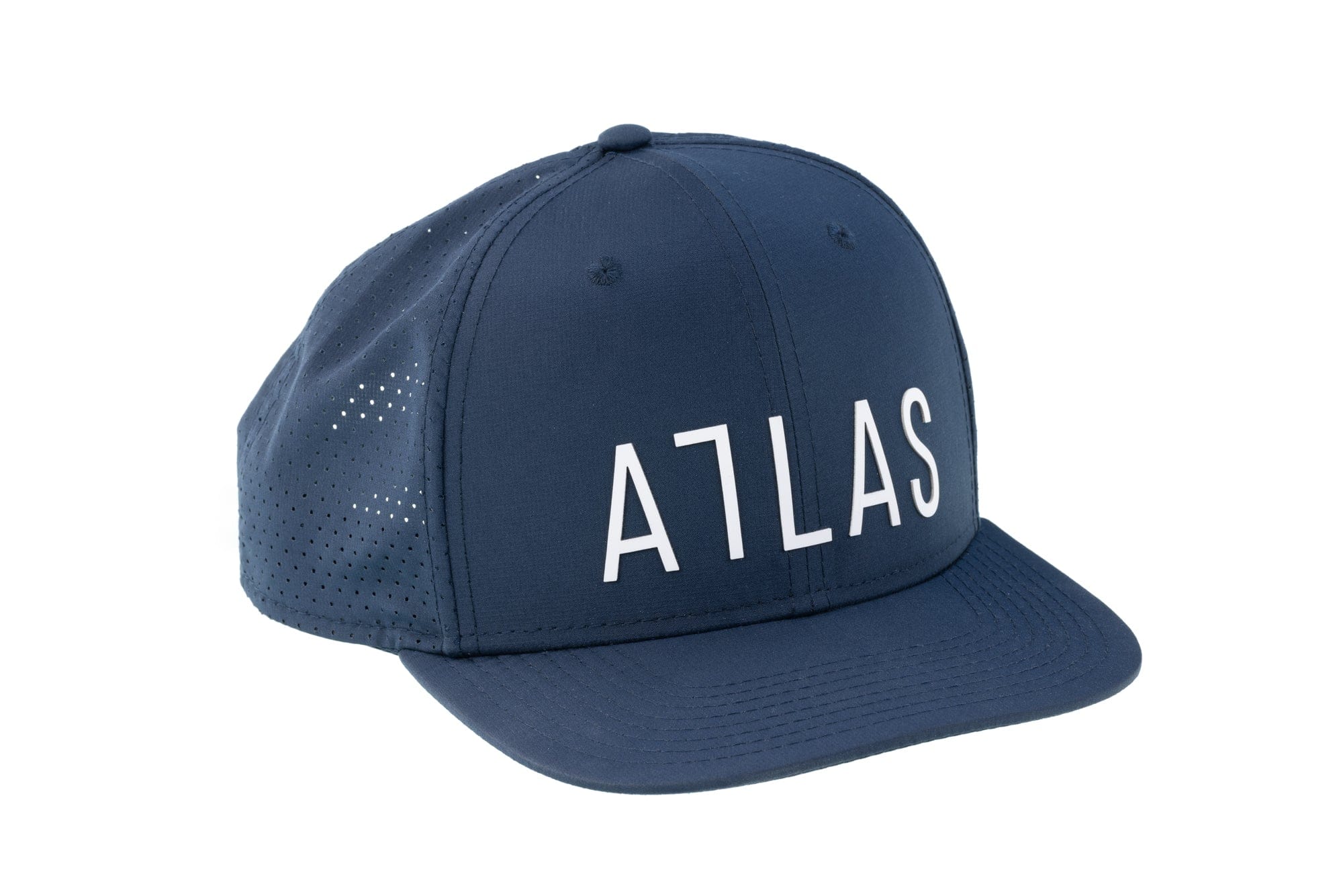 Navy Trident Atlas high-crown cap with flat brim, perforated mesh sides and white ATLAS logo