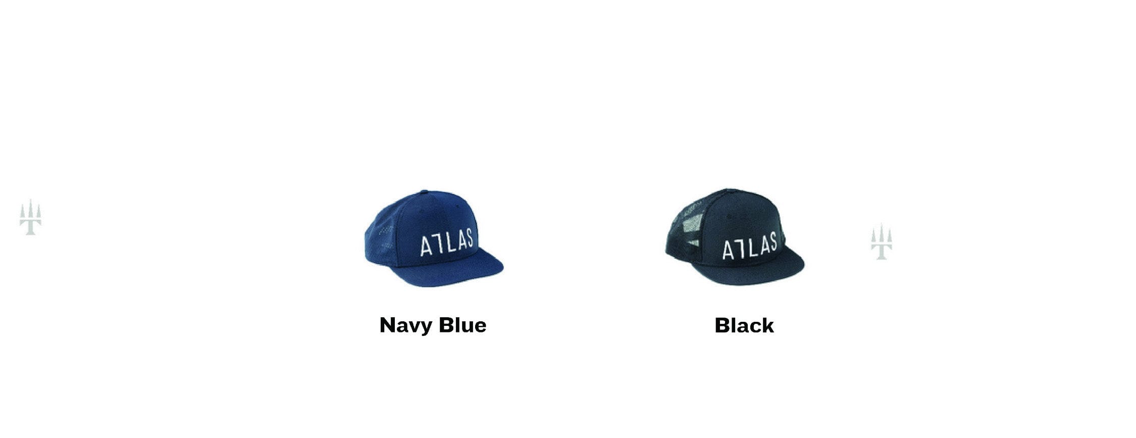 Navy blue and black Trident Atlas high-crown trucker hats, mesh backs and white ATLAS front lettering, structured brim