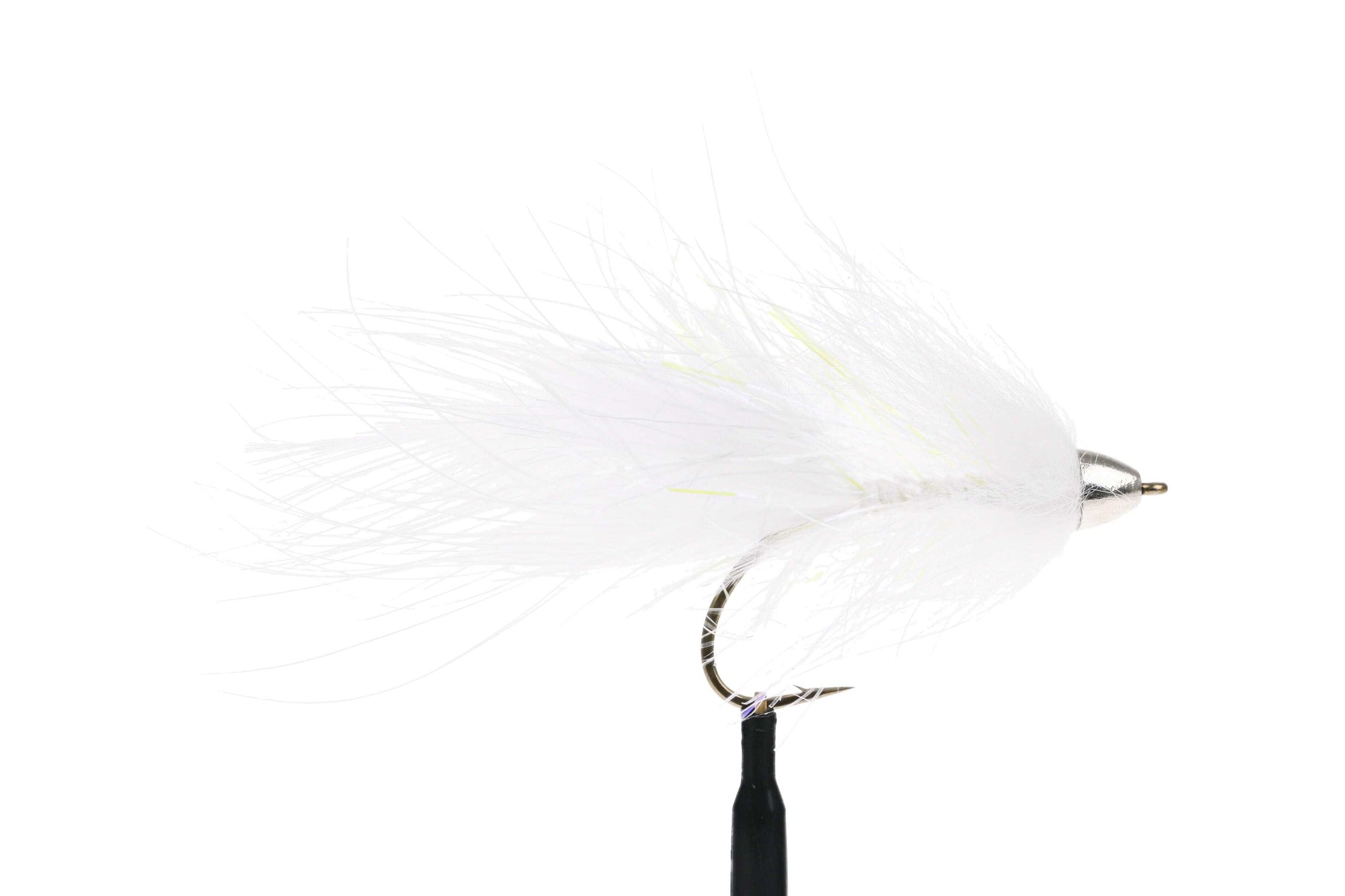 White Foxy Bugger fly with fluffy marabou tail, silver bead head and curved hook, Trident fly fishing lure