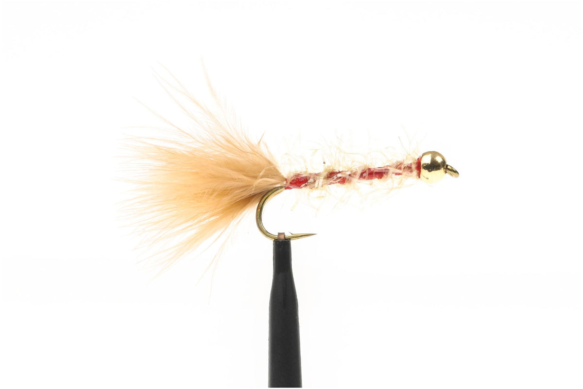 Trident Golden Retriever fishing fly with golden marabou tail, red dubbed body, gold bead head and bronze hook