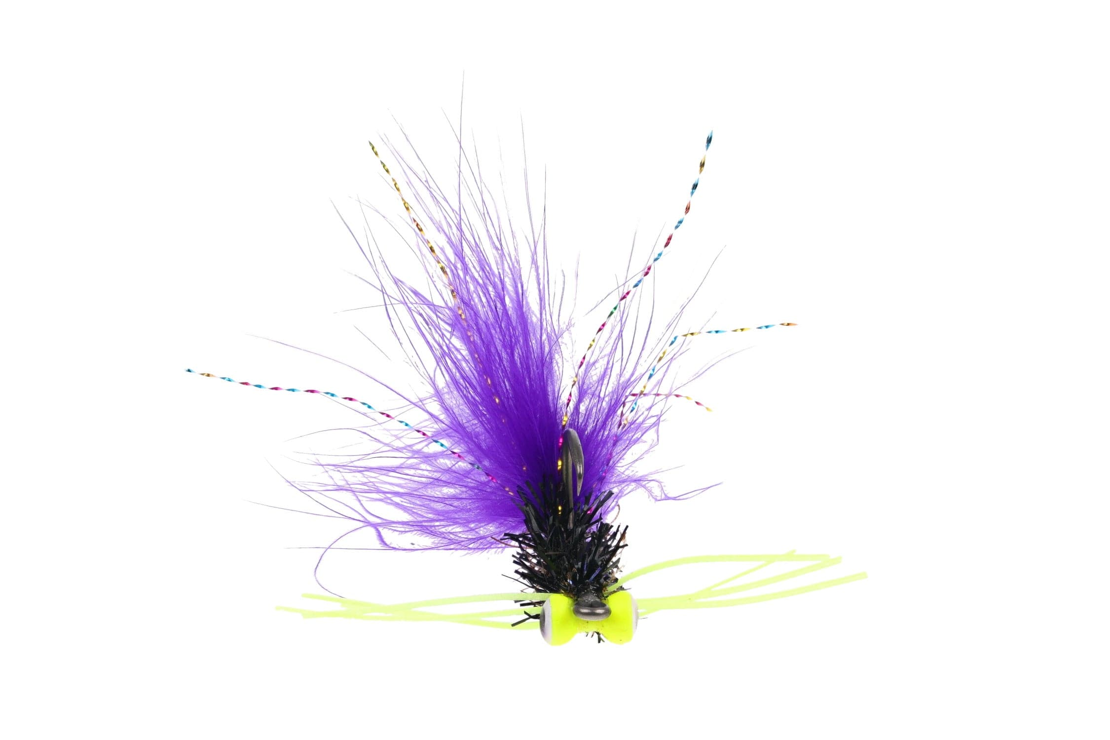 Trident JK Purple fishing fly with purple marabou plume, black chenille body, neon chartreuse legs and multicolor tinsel