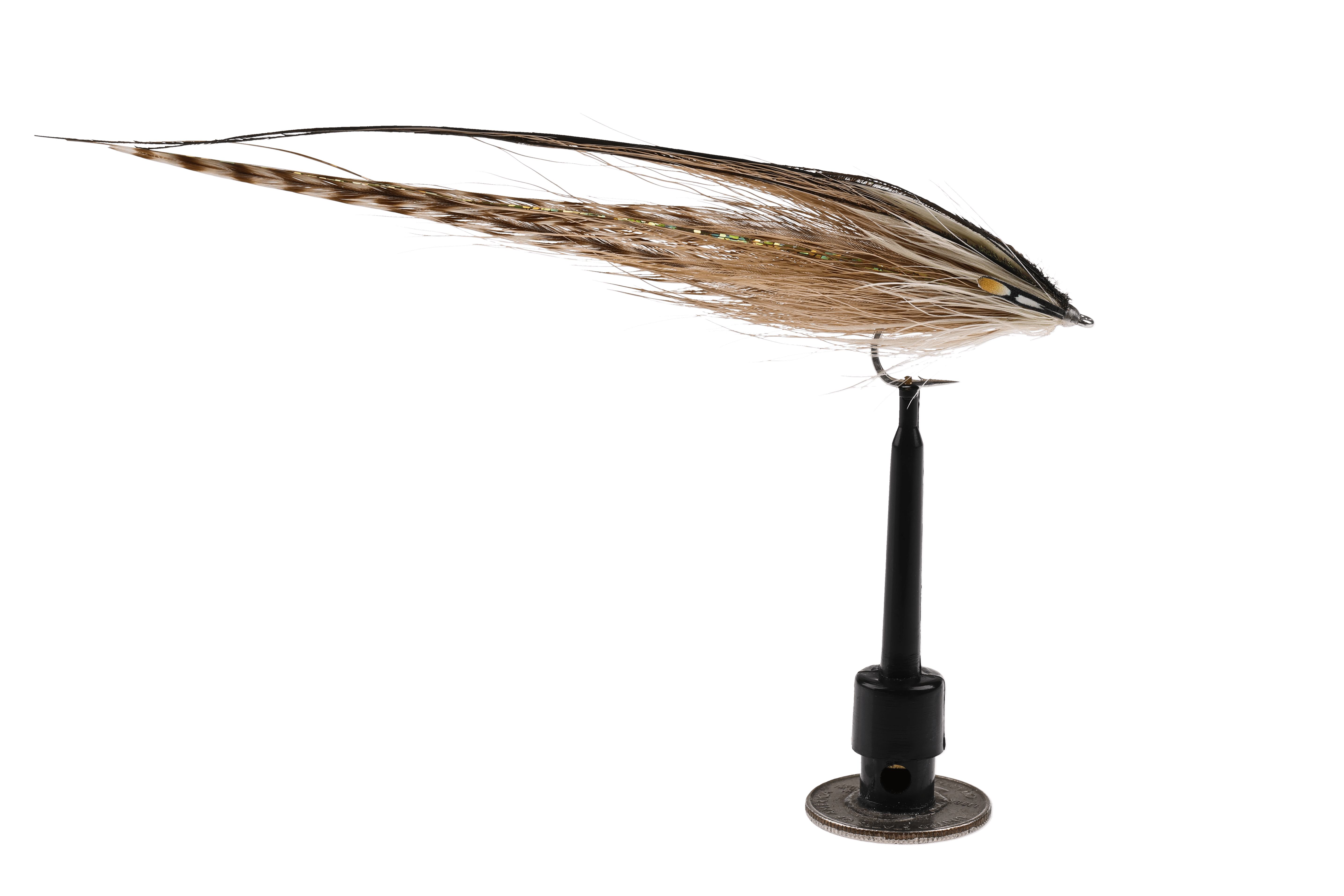 Trident Powerplay eel fly with long tan and brown bucktail streamer, barred feather accents and iridescent tinsel rib