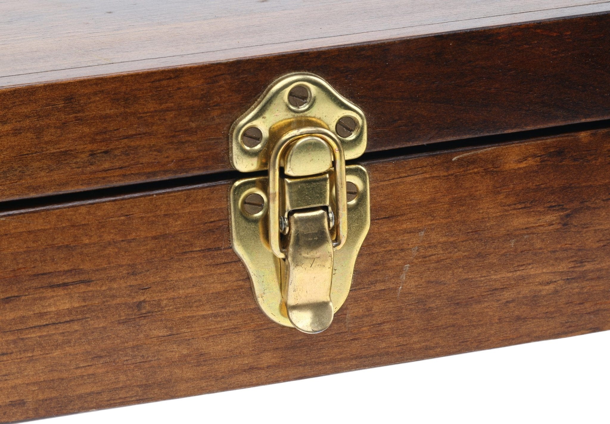 Polished brass latch on dark-stained wooden fly rod case with rich wood grain and vintage hardware