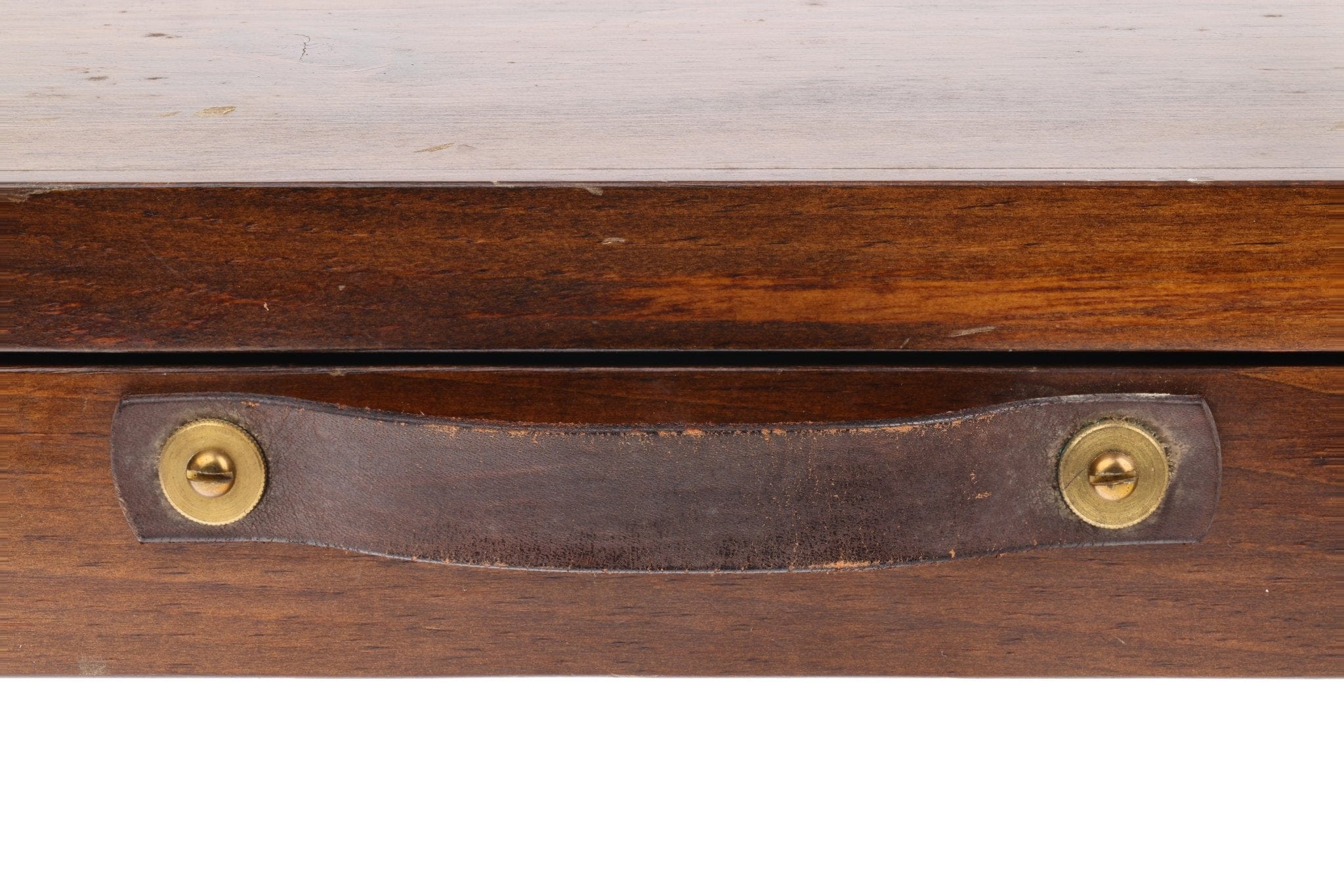 Walnut wooden fly rod case with worn brown leather handle and brass screw fasteners