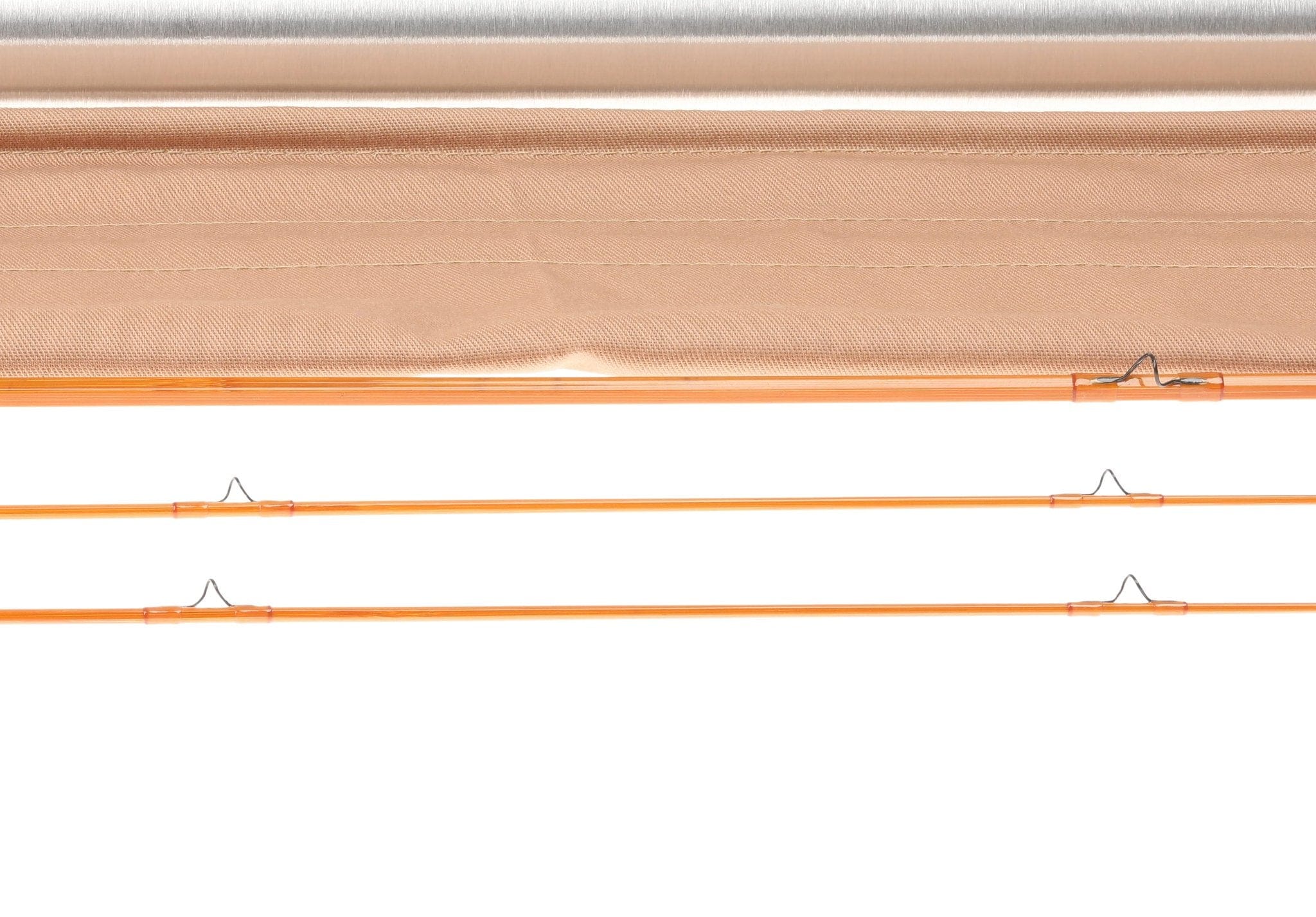 H.L. Leonard orange glossy 3-piece fly rod sections with wire guides laid over tan stitched fabric rod sleeve