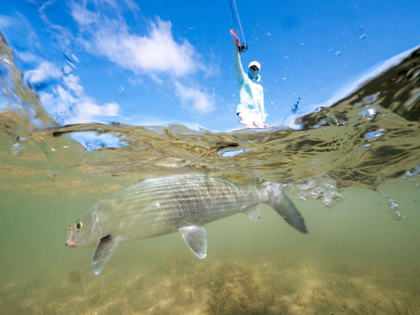Underwater view of a hooked silver fish beneath clear green water with angler in light-blue sunshirt on a fishing trip