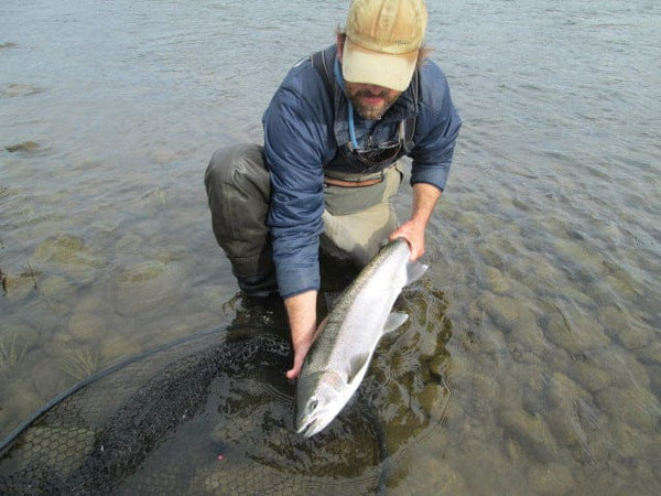Angler in tan cap and blue jacket kneels in clear river holding a large silver salmon over a black mesh landing net, fishing
