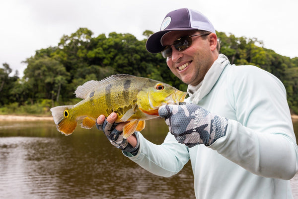Angler in pale blue sun hoodie and camo gloves holding yellow-green peacock bass with black bars on river at Rewa River Camps