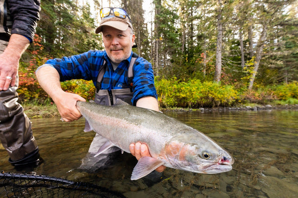 Angler in blue plaid shirt and tan cap holding a large silver salmon in shallow river with forested shore, fishing trip