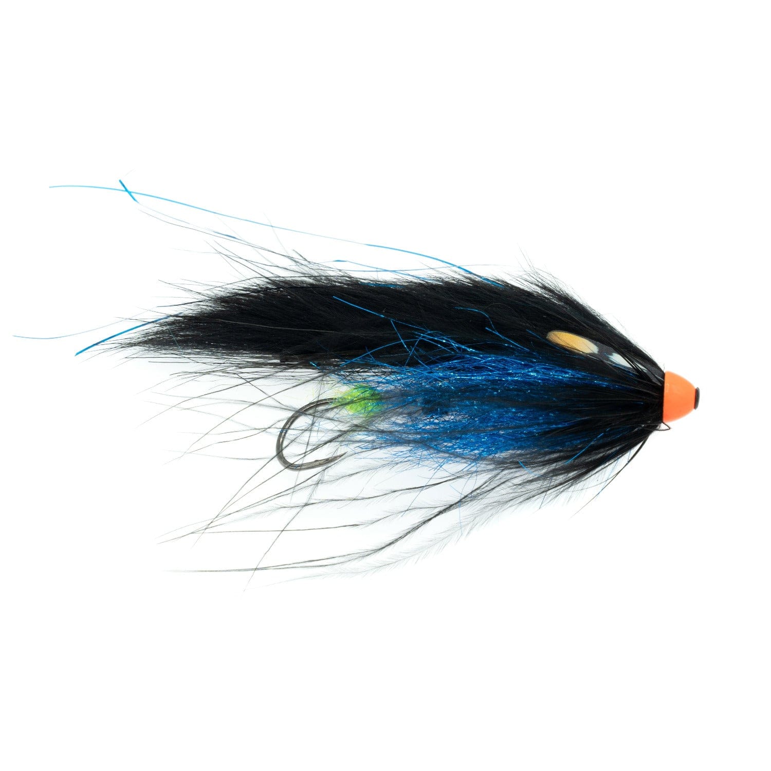 Umpqua 2-Salt tube fly with long black marabou, blue flashy tinsel underbody and orange cone head