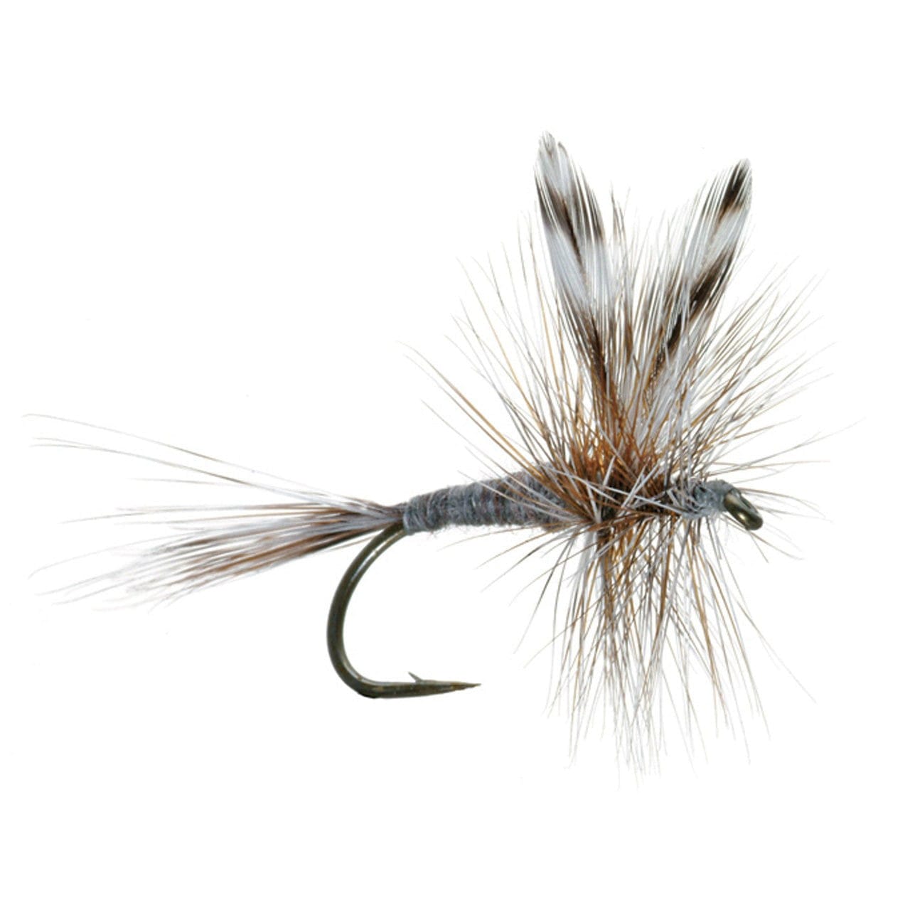 Adams dry fly with gray dubbed body, brown grizzly hackle, paired white-tipped feather wings and tail on bronze hook