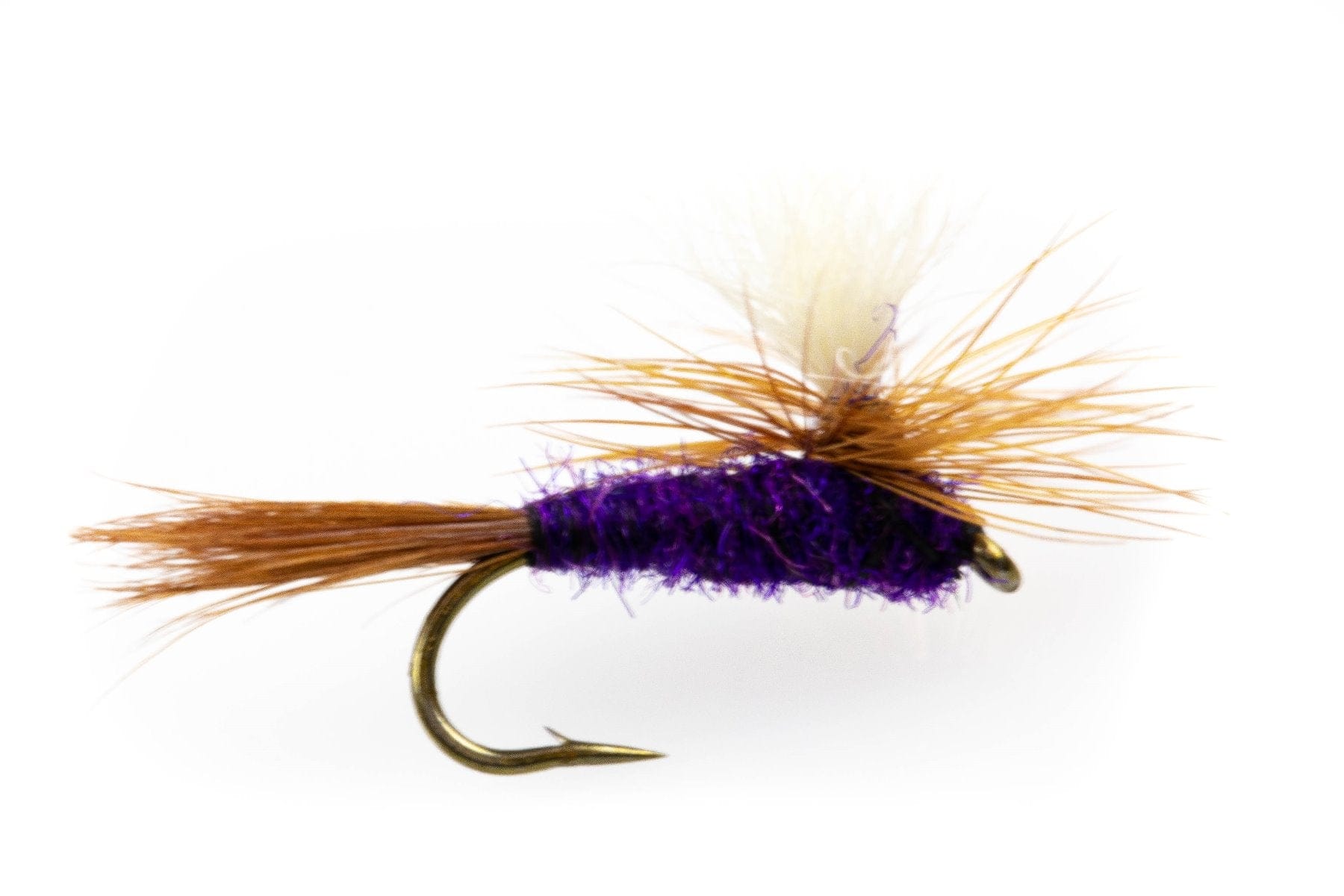 Purple chenille-bodied parachute dry fly with tan hackle, white post and brown tail on brass hook