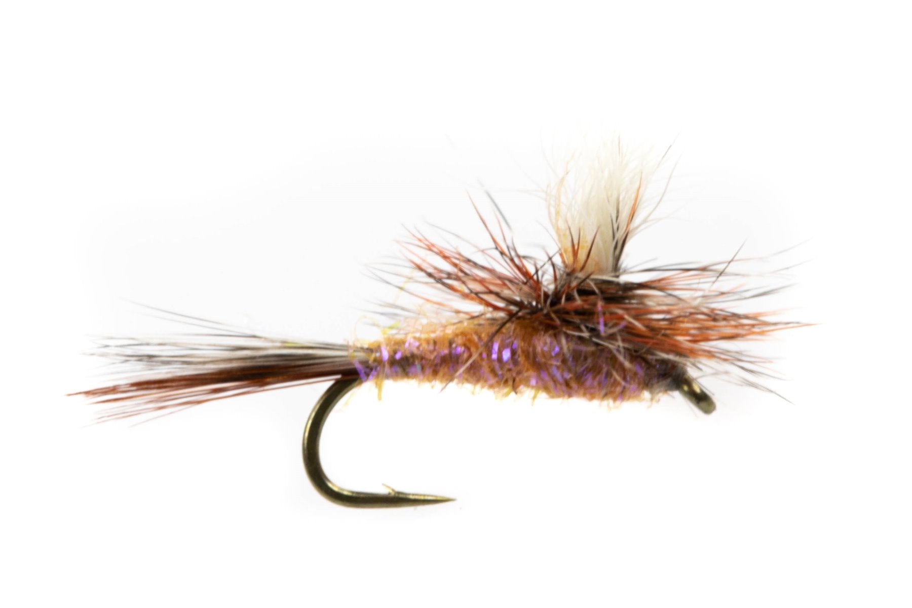 Cinnamon parachute dry fly with iridescent UV body, brown hackle, white parachute post and curved bronze hook