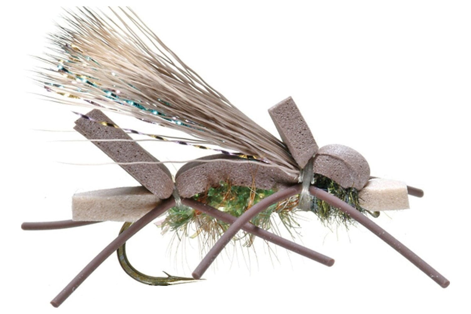 Umpqua Amys Ant dry fly with tan foam body, olive sparkle dubbing, brown rubber legs and tan deer-hair wing