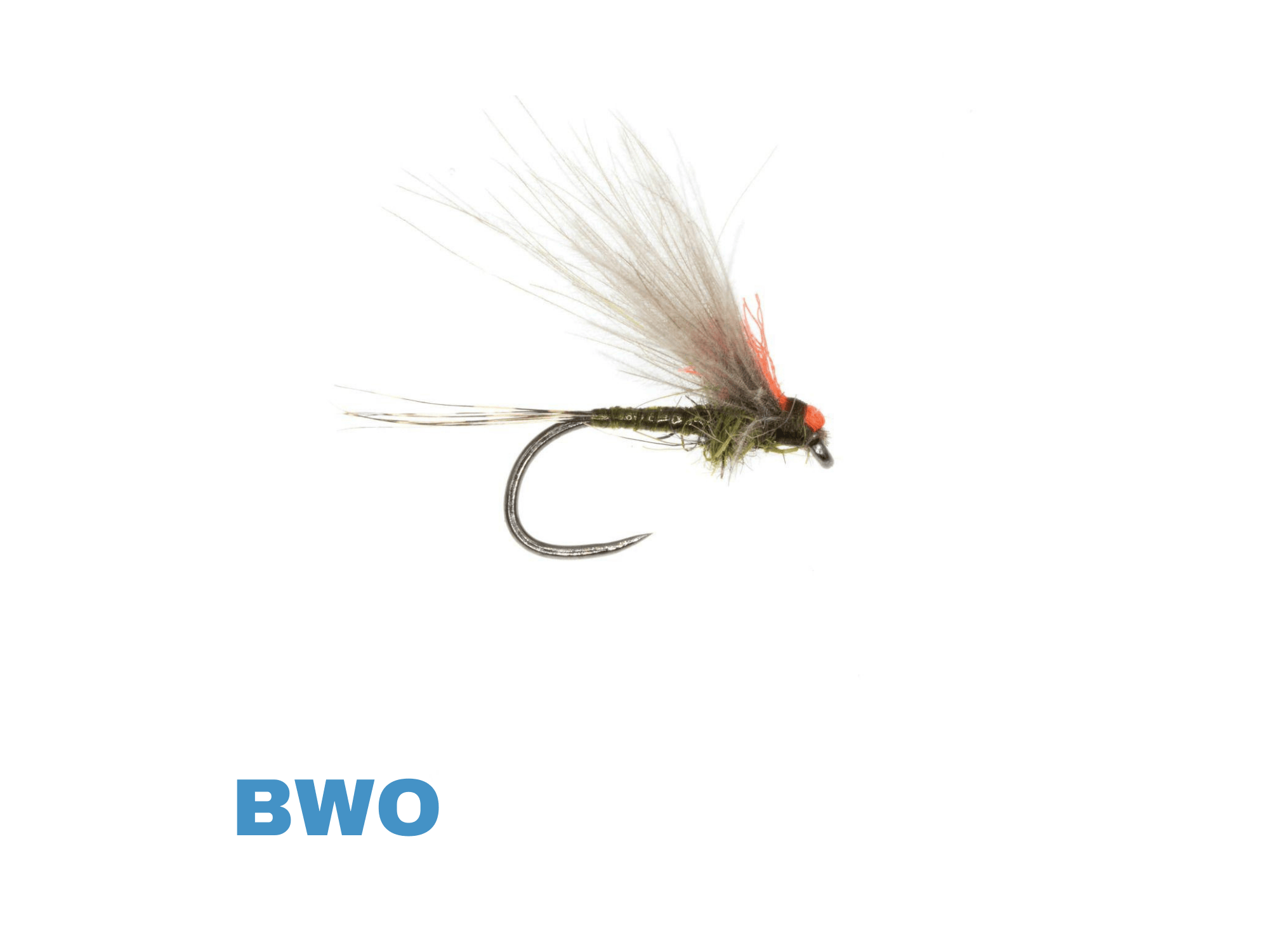 Olive-bodied Antonio's Adult dry fly with gray feather wing, orange post and barbed hook for fly fishing