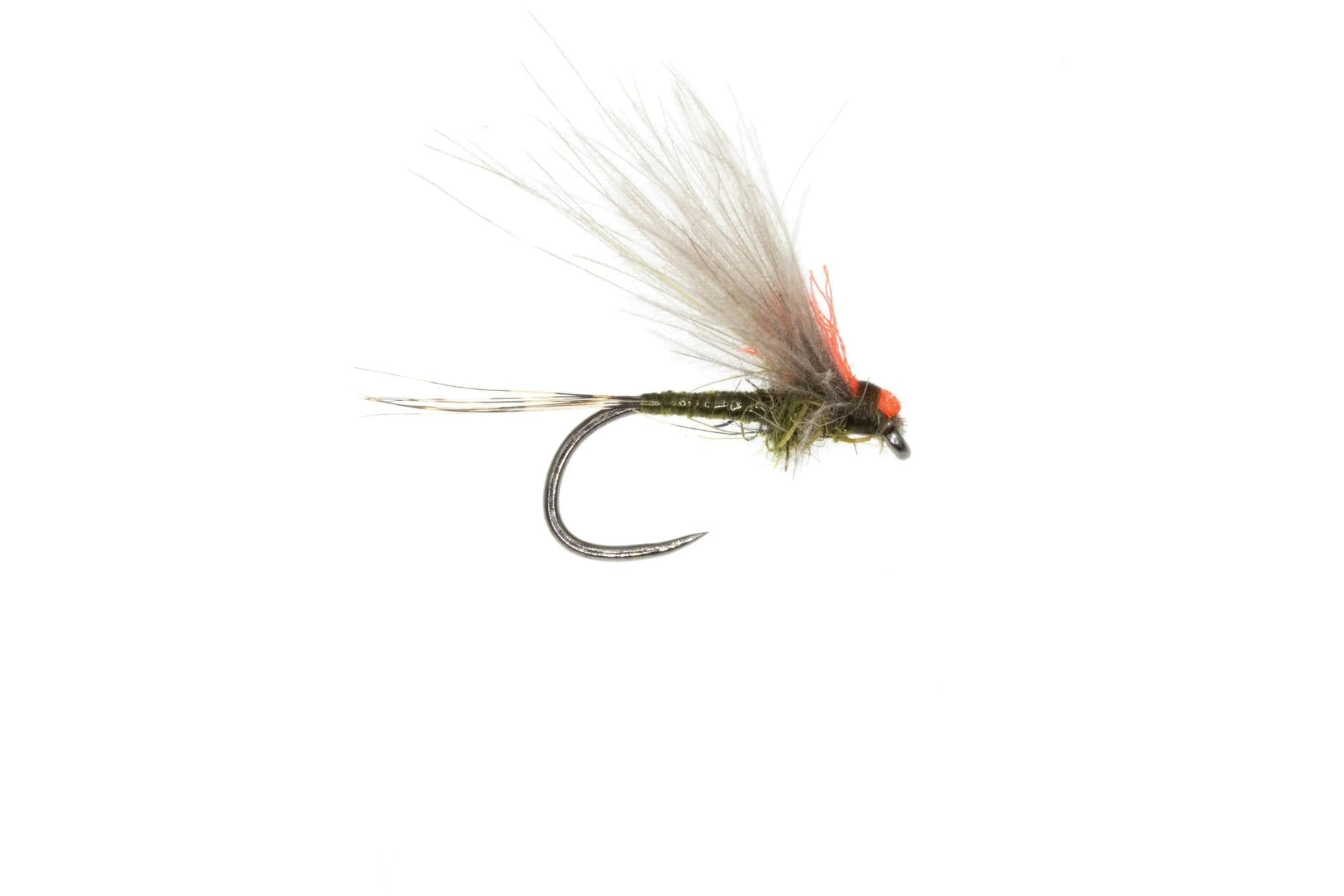 Olive-green Umpqua Antonio's fishing fly with gray deer-hair wing, orange thread head, slender tail fibers and silver hook