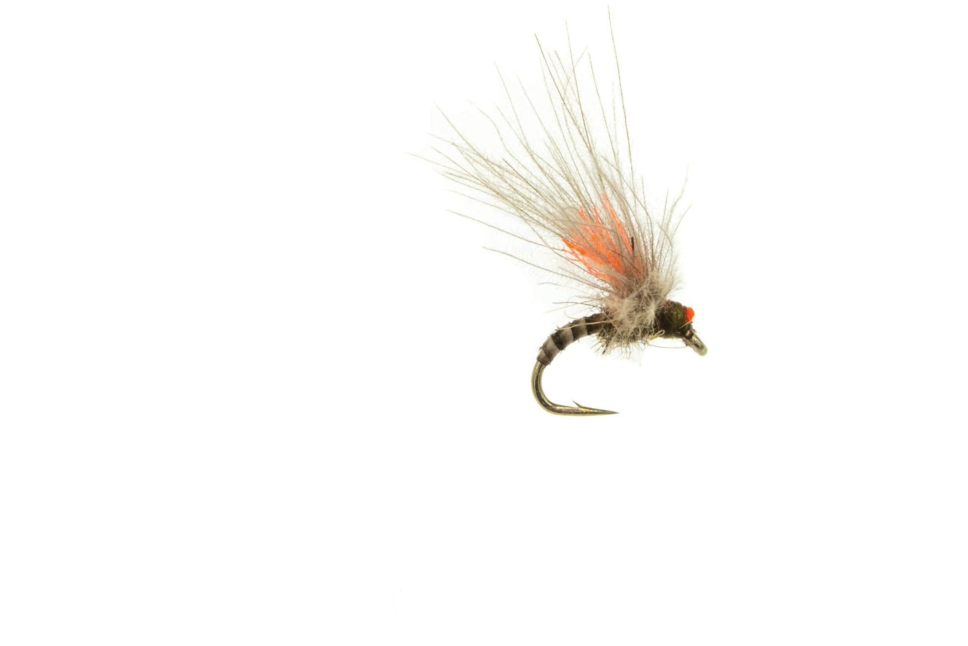 Umpqua Antonio's Quill midge fly with olive segmented body, bright orange accent and tan quill wing fibers