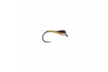 Spanish Perdigon fly, olive-gold tinsel body, white tail, black head with silver bead and orange collar on curved hook
