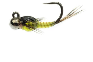 Fishing lure with a black and green body on a white background