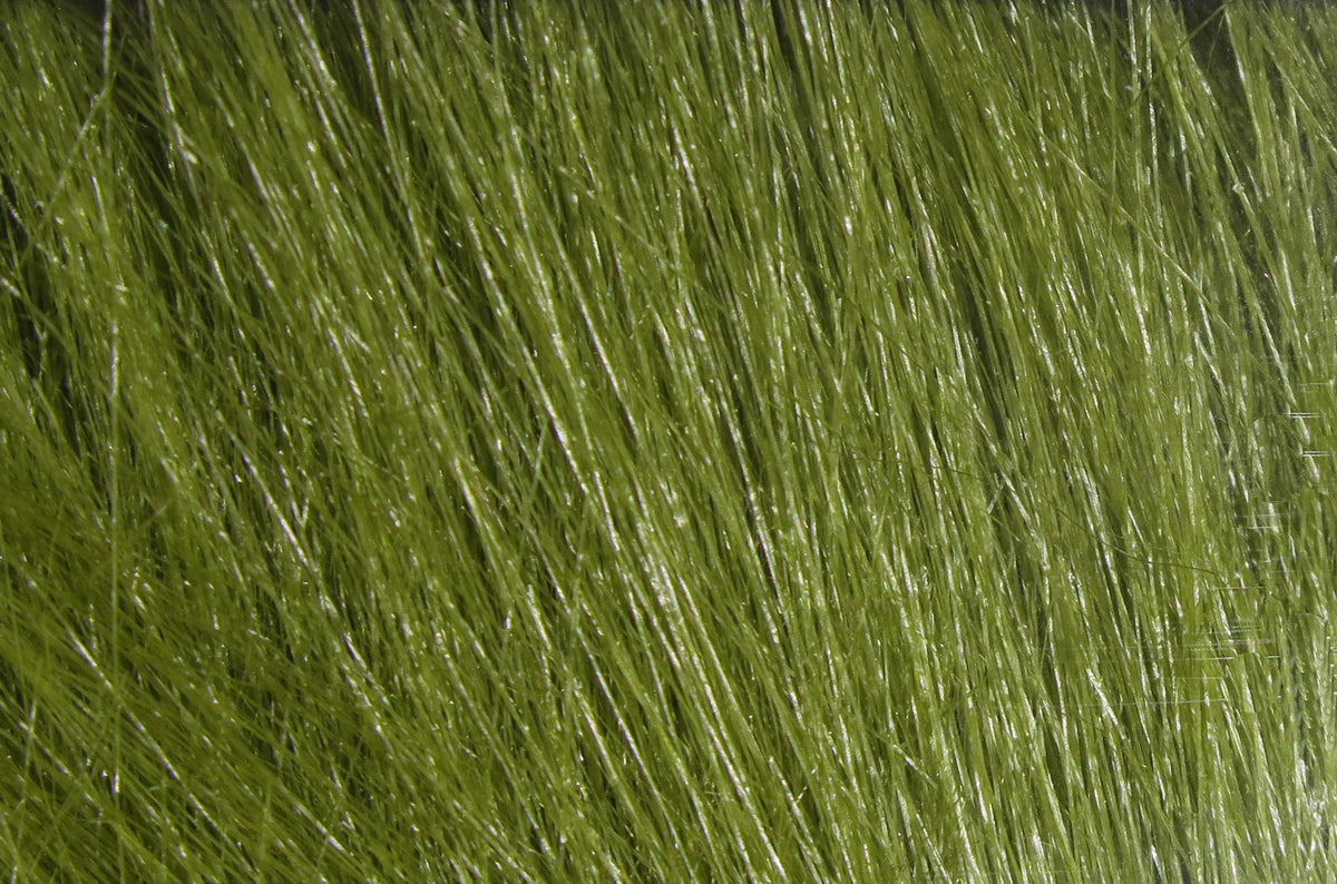 Olive green Hareline Extra Select craft fur with glossy, long fine synthetic fibers for fly tying