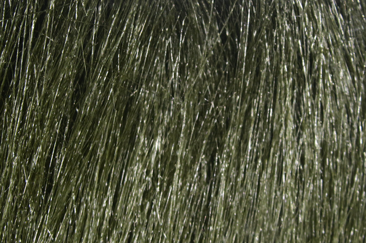 Olive green craft fur with long glossy synthetic fibers, dense flowing texture for fly tying