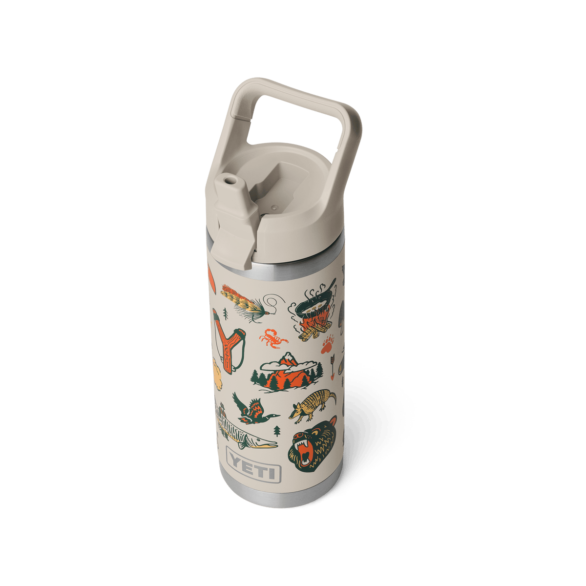 YETI Rambler 18 oz Water Bottle with Straw Cap in Cape Summer Camp, three quarter view with the cap open